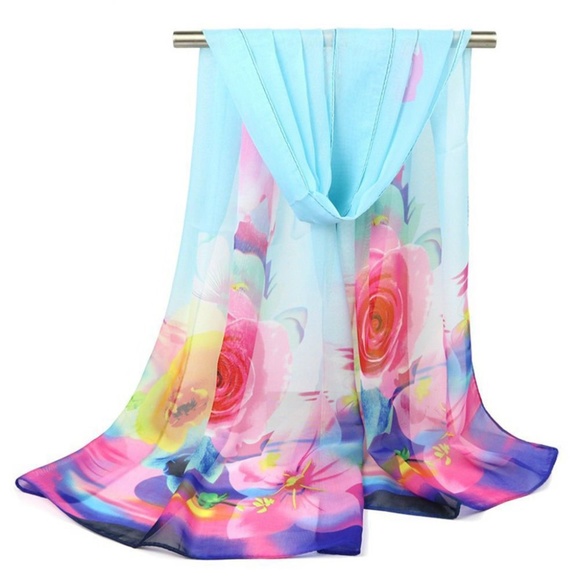 Accessories - Pastel Blue Chiffon Watercolor Wrap Scarf Shawl